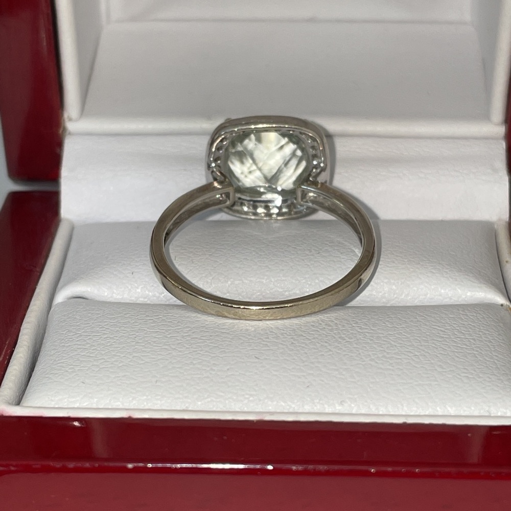 Dazzling White Gold Pale Green Prasiolite And Diamond Halo Ring - Picture 11 of 16